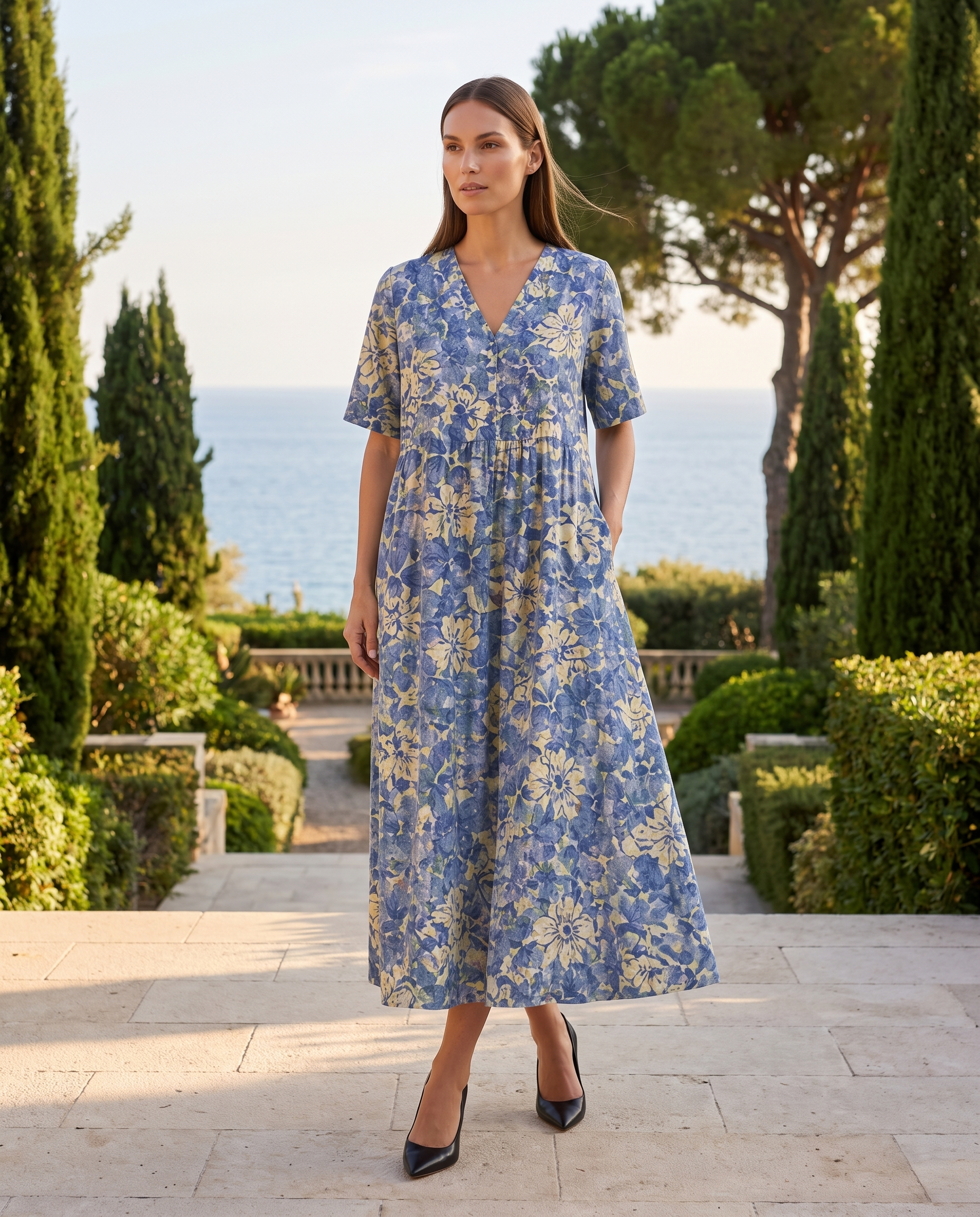Ines blue floral V neck midi dress - full look