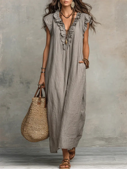 Adele ruffle V neck maxi dress - front view
