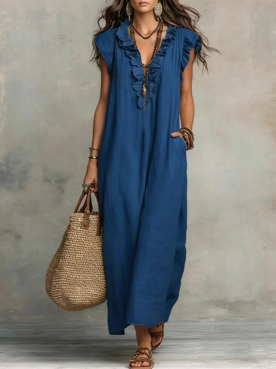 Adele ruffle V neck maxi dress - back view