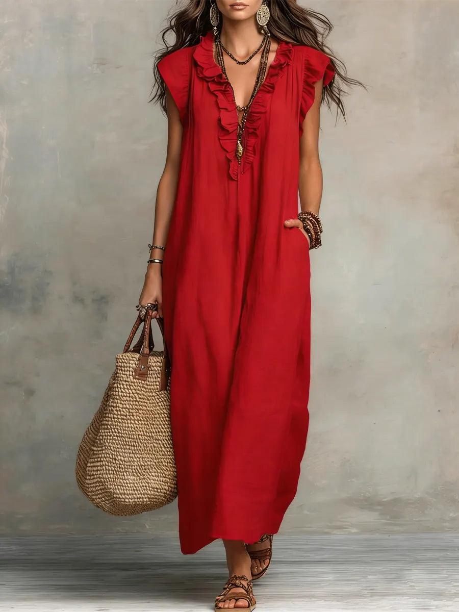 Adele ruffle V neck maxi dress - fabric detail
