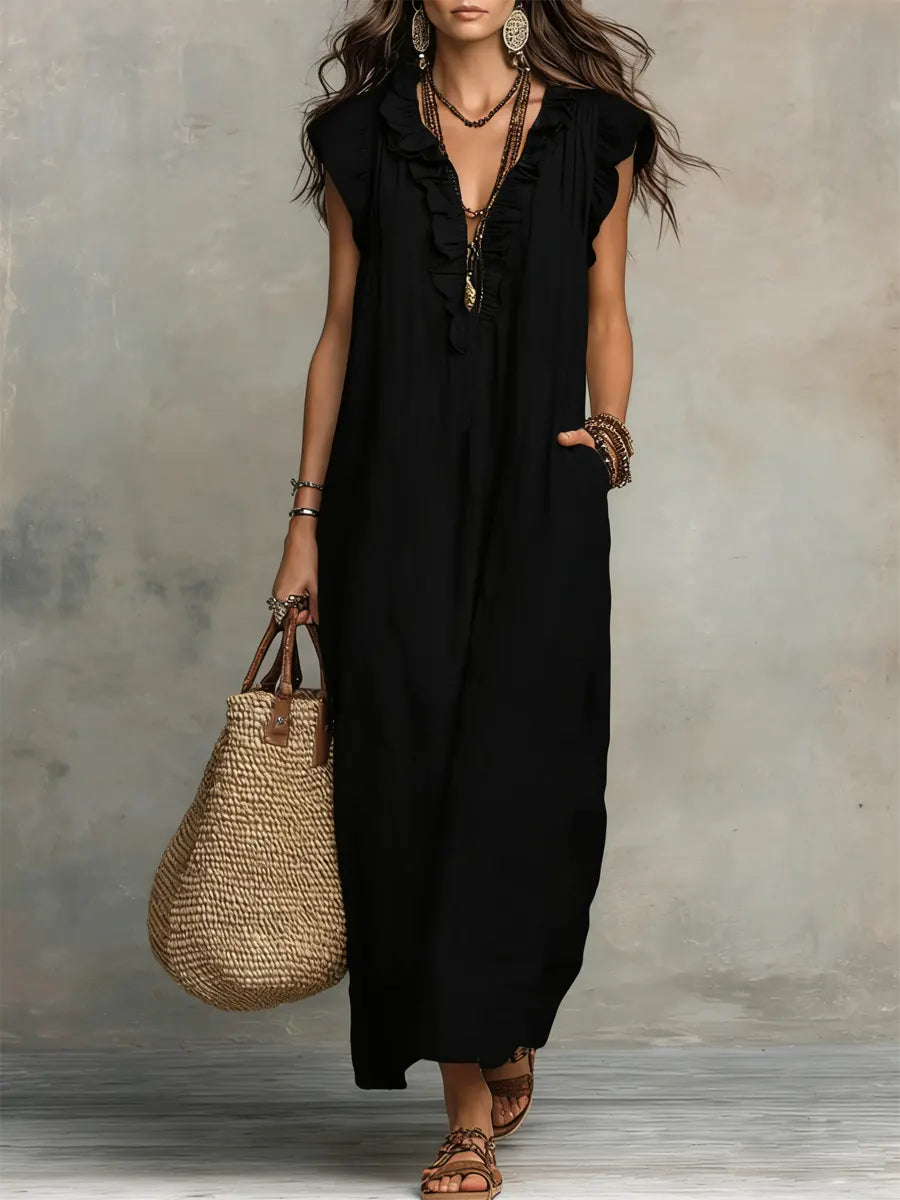 Adele ruffle V neck maxi dress - styled outfit