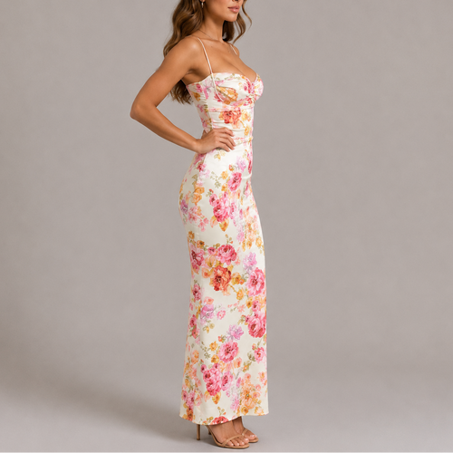 Adriana rose print maxi dress spaghetti straps - side view