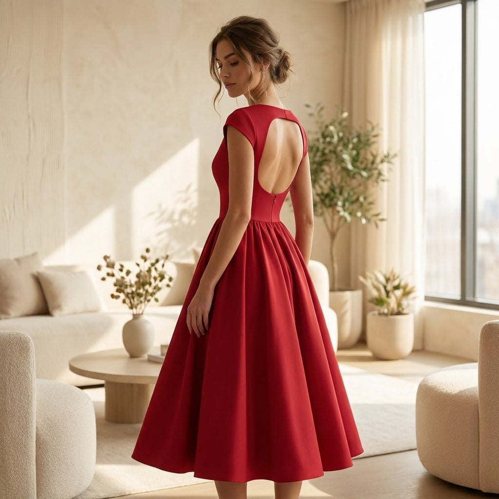 Woman in a red dress standing in a bright living room.
