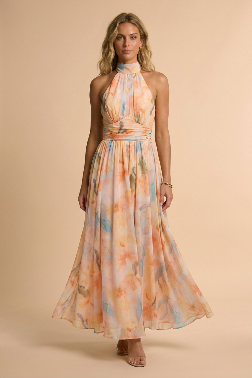 Alice watercolor halter maxi dress - front view