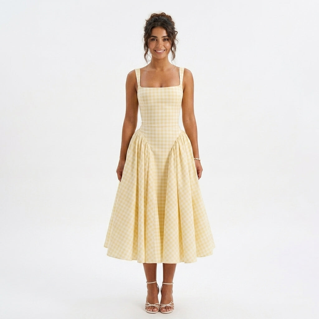 Amy gingham wedding guest midi dress - front view
