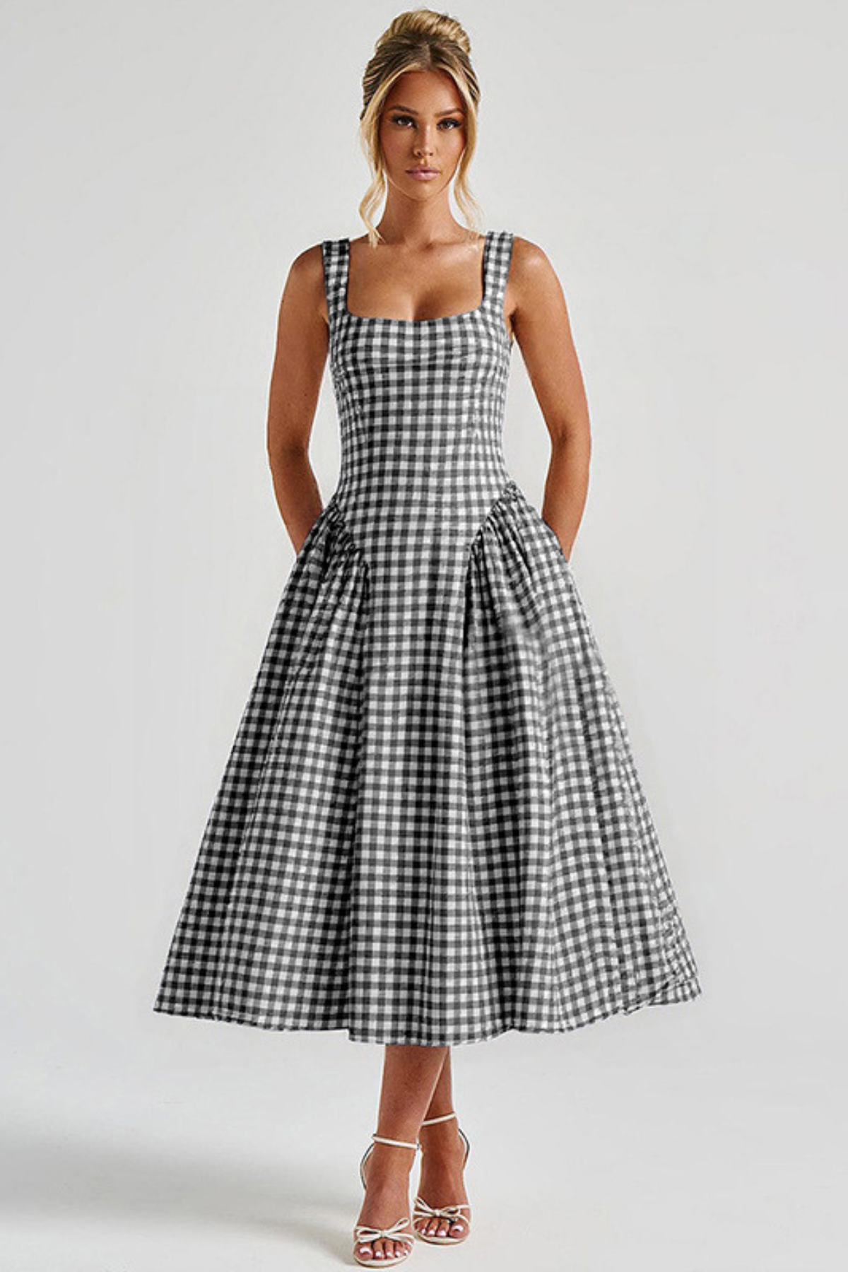 Amy gingham wedding guest midi dress - full look 2