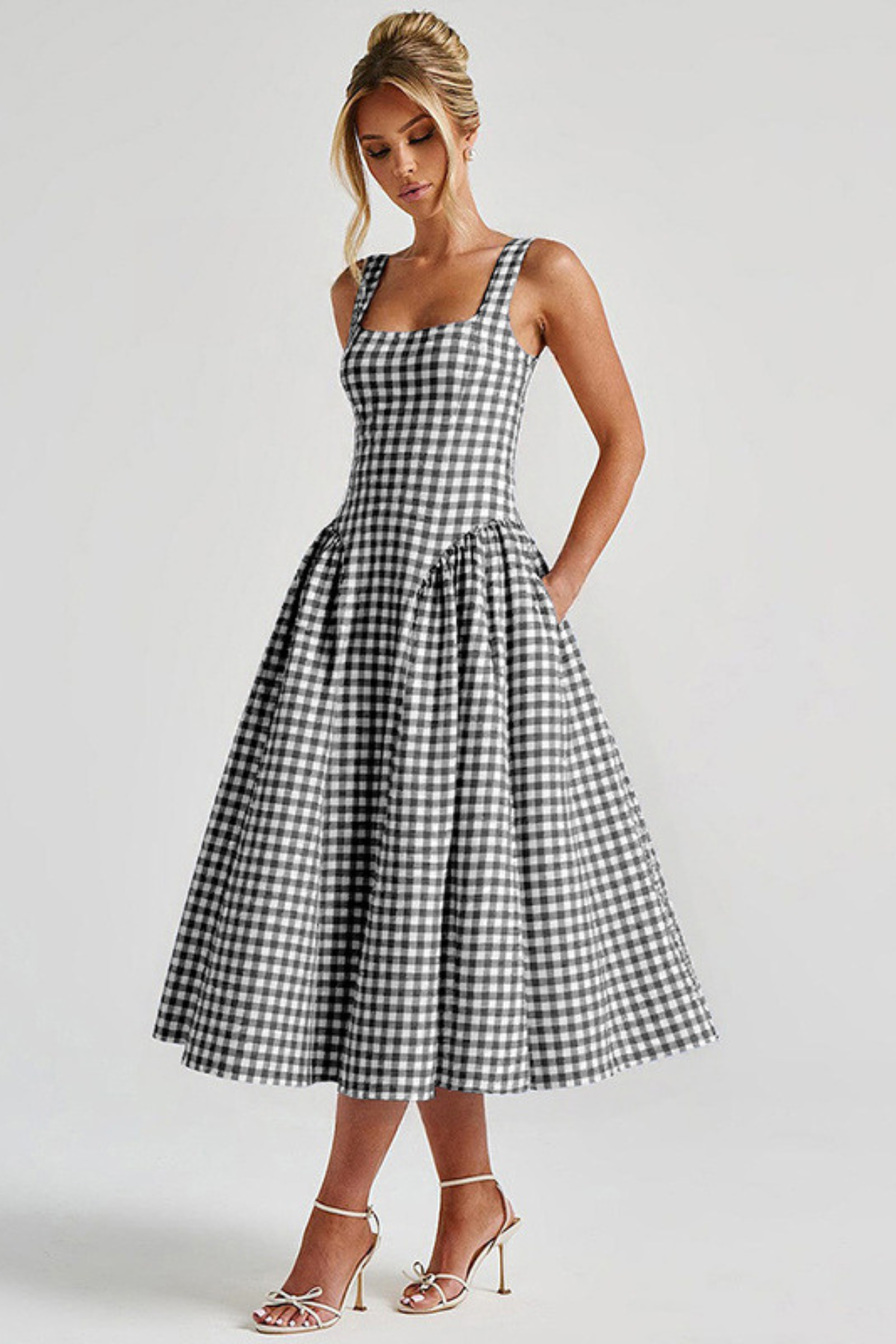 Amy gingham wedding guest midi dress - full look 3