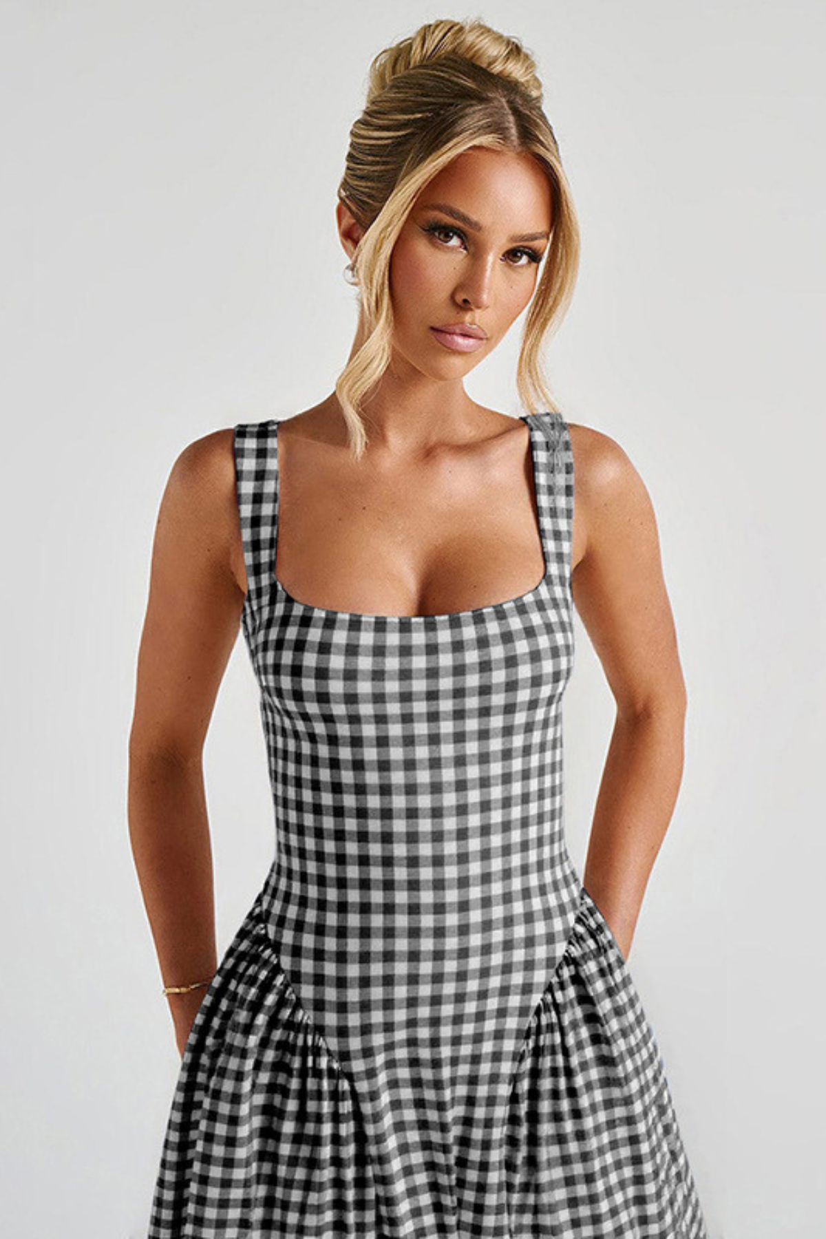 Amy gingham wedding guest midi dress - full look 4