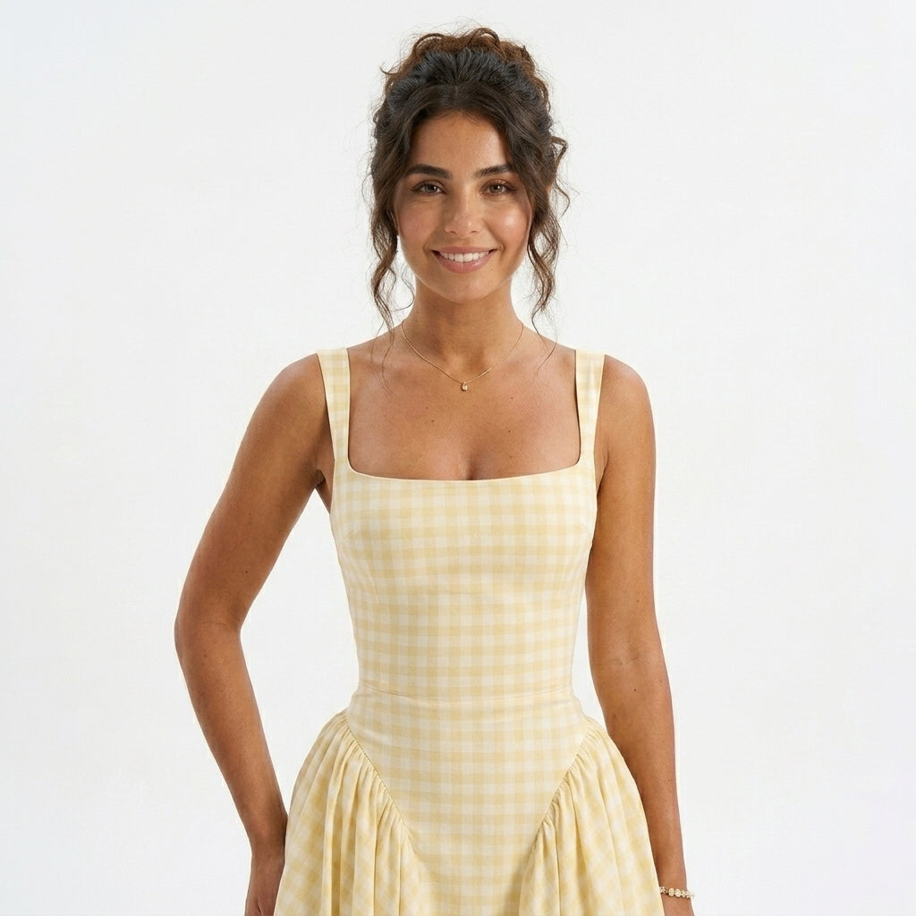 Amy gingham wedding guest midi dress - back view