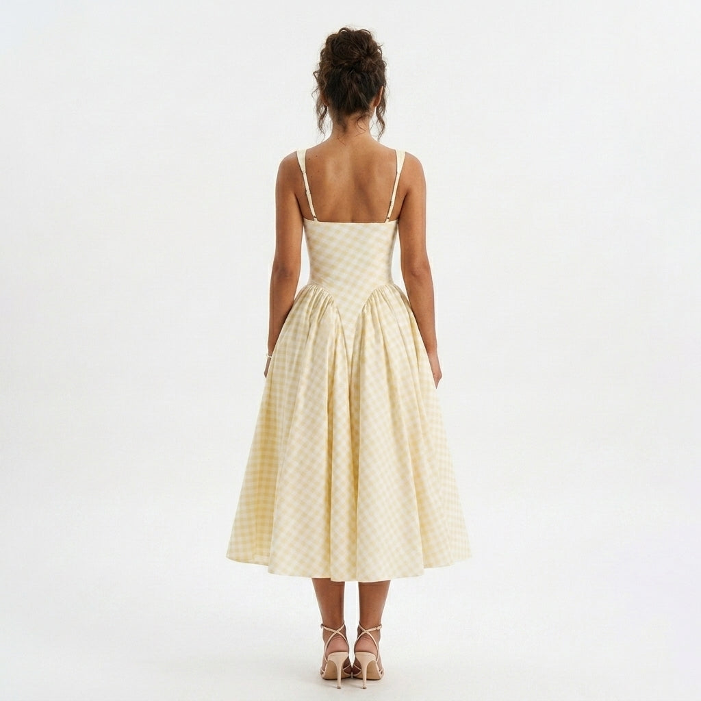 Amy gingham wedding guest midi dress - bodice detail
