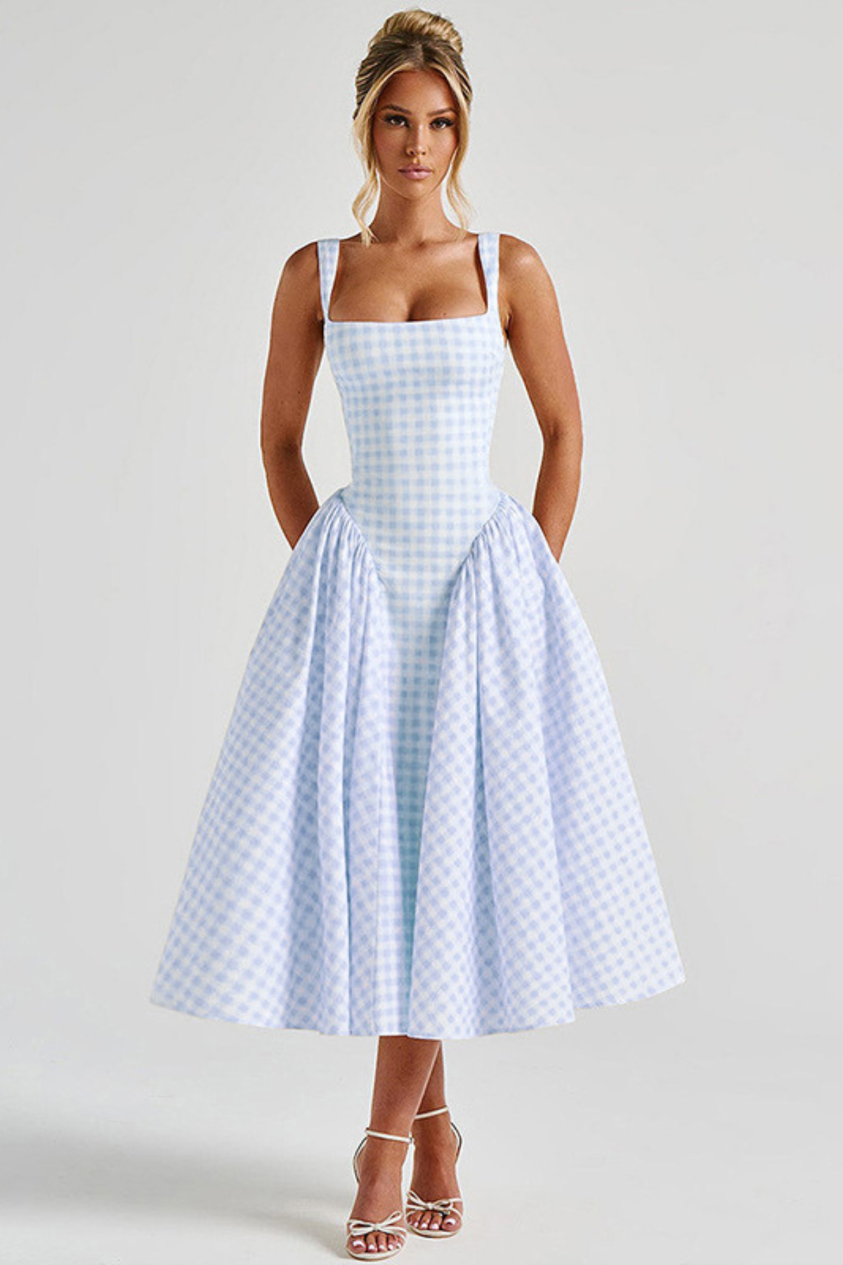 Amy gingham wedding guest midi dress - styled outfit 2