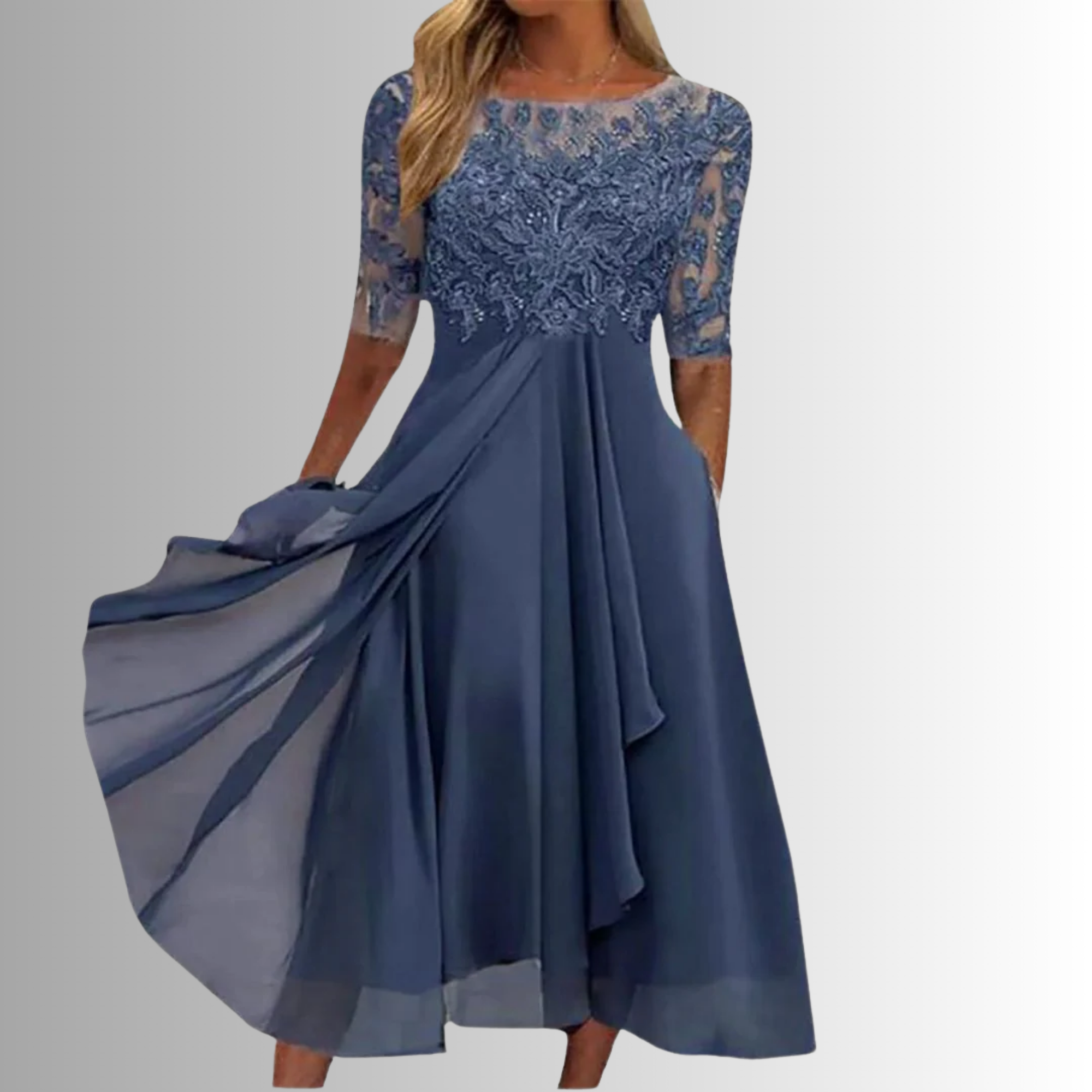 Beatriz lace bodice midi dress sheer sleeves - front view