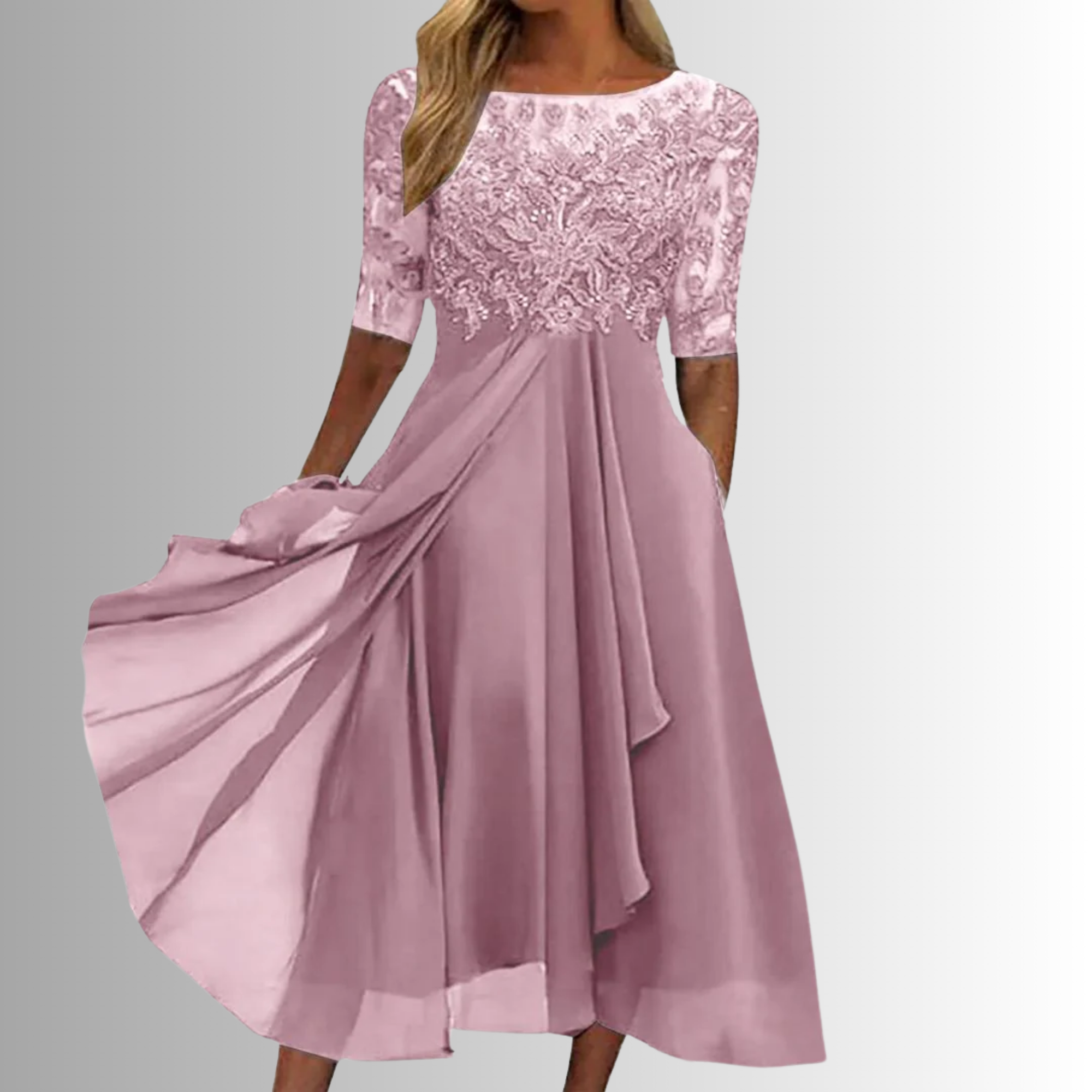 Beatriz lace bodice midi dress sheer sleeves - side view