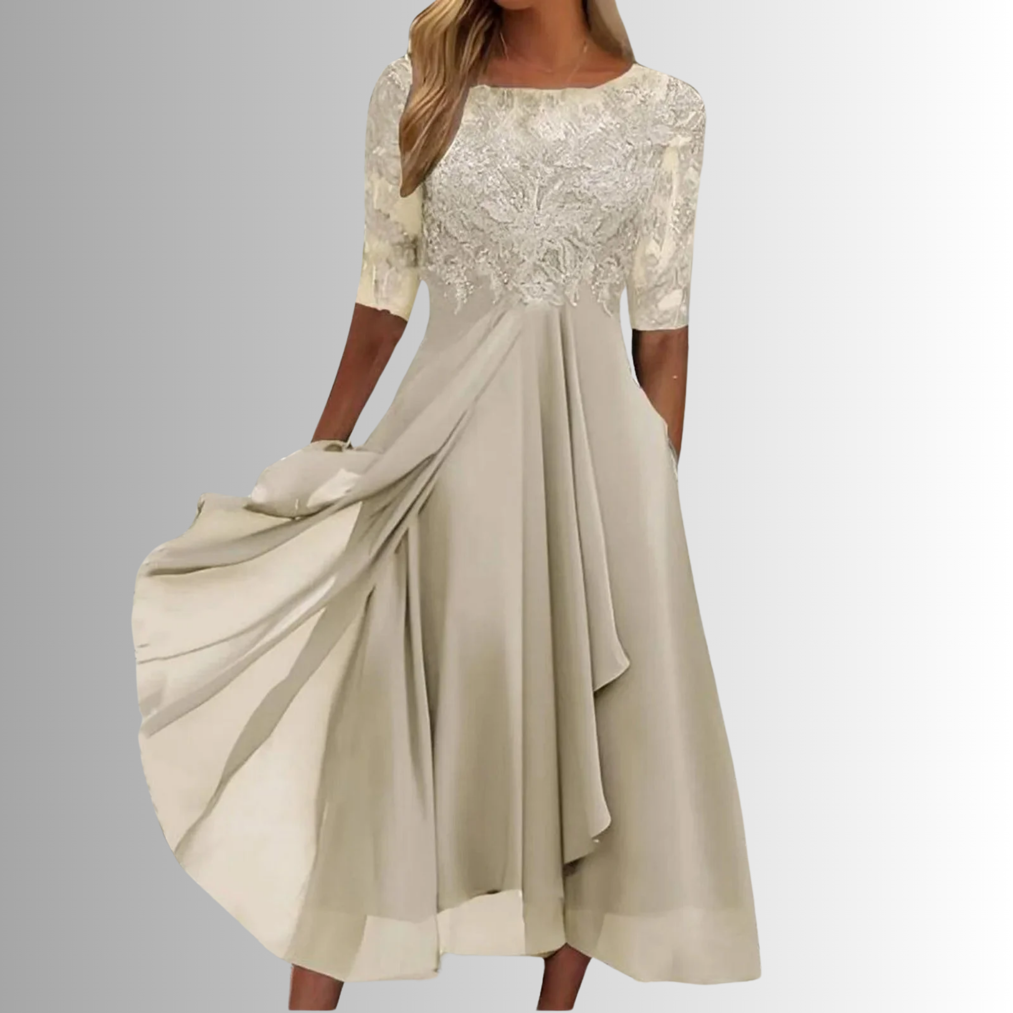 Beatriz lace bodice midi dress sheer sleeves - back view