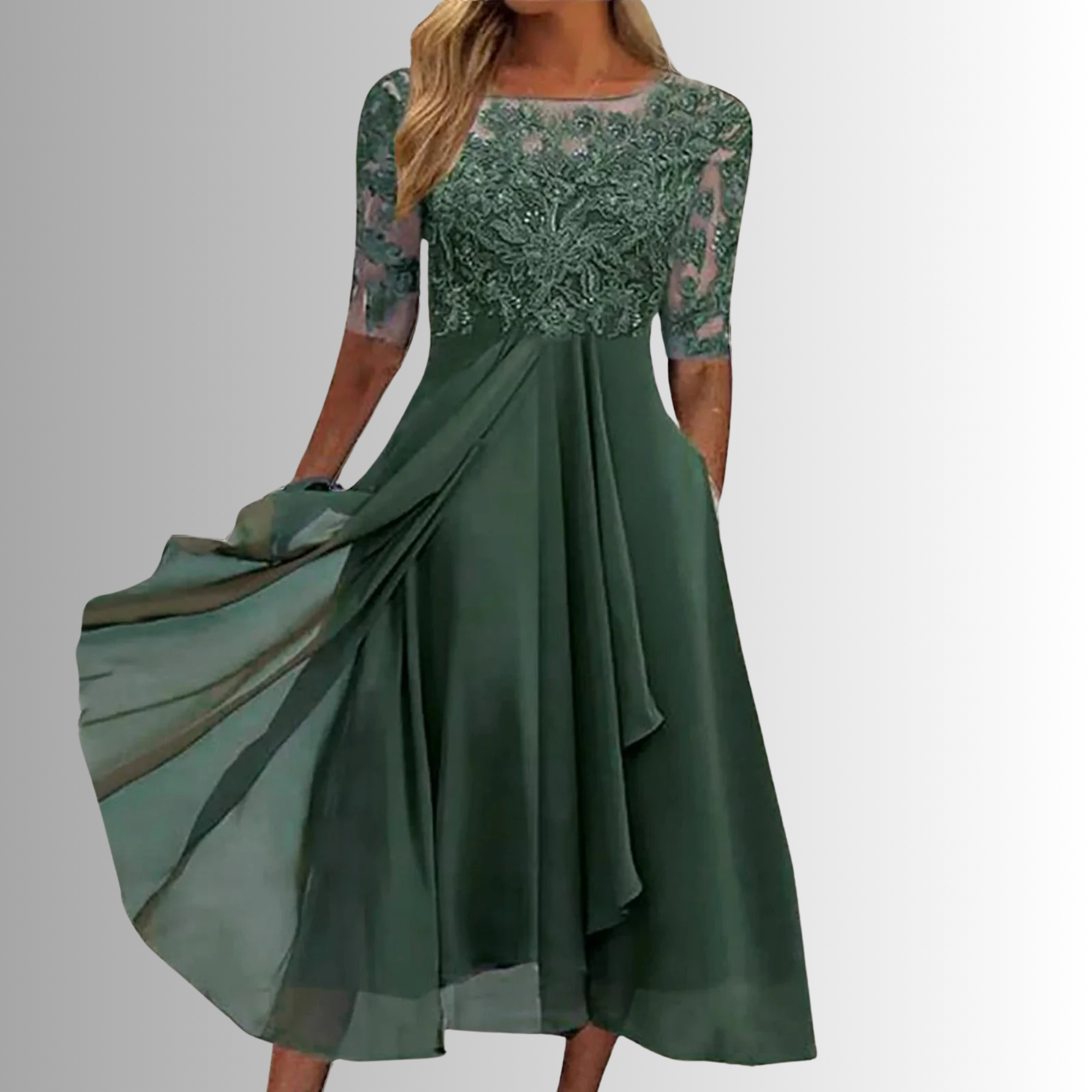 Beatriz lace bodice midi dress sheer sleeves - lace detail