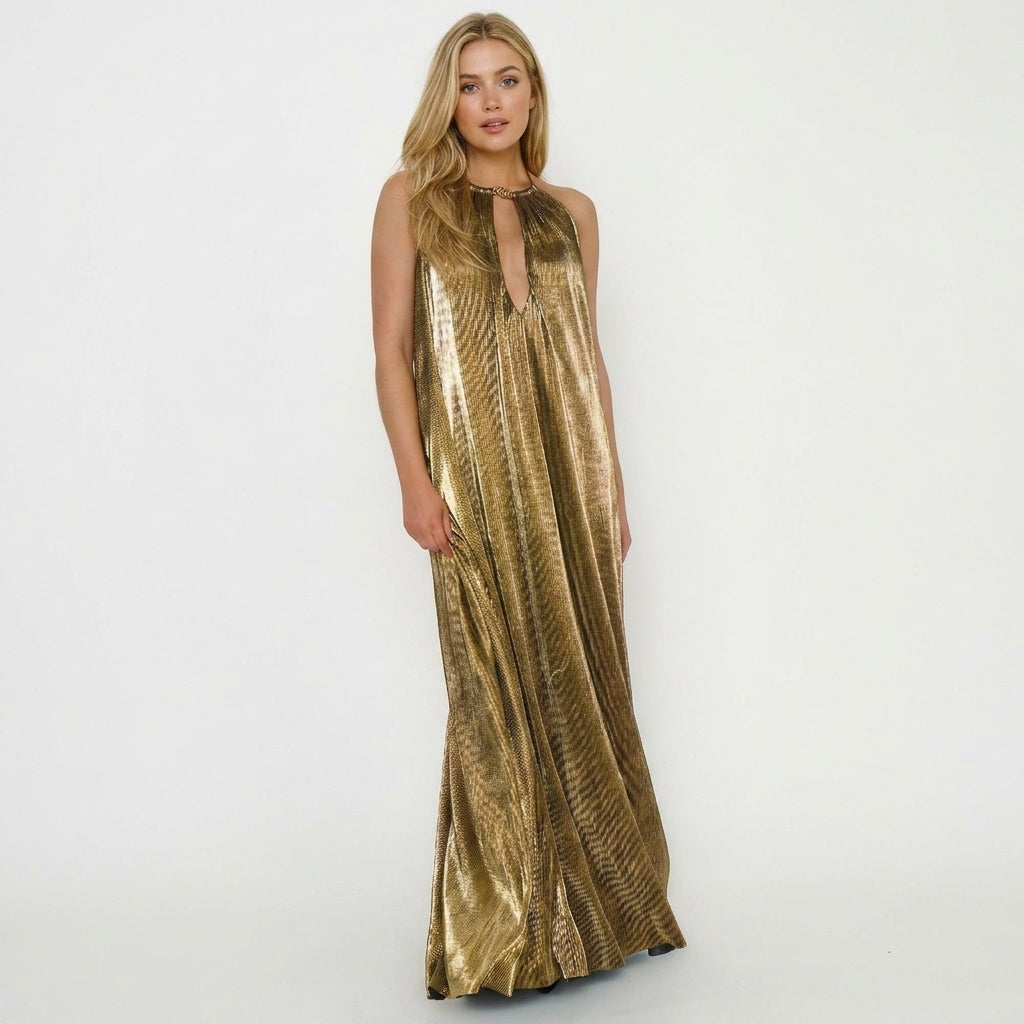 Bernadette halter metallic pleated maxi dress - front view