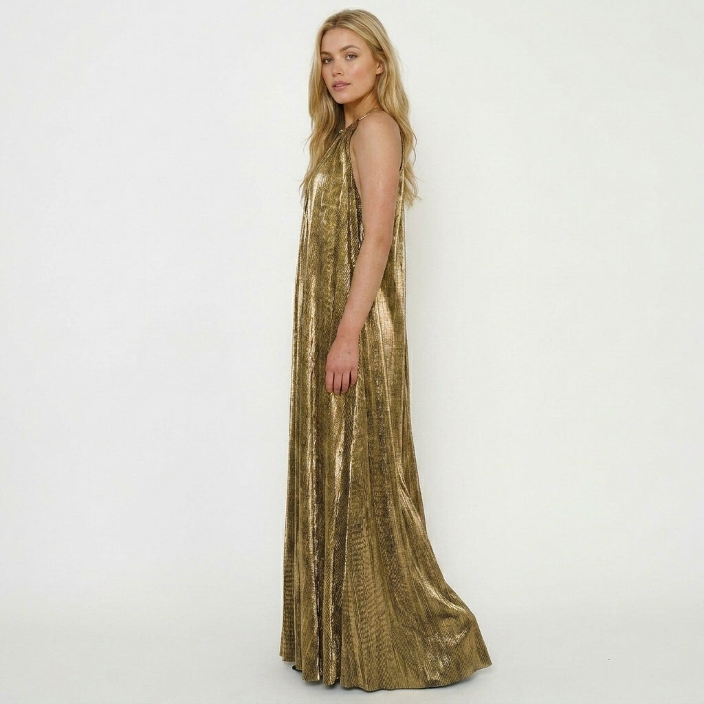 Bernadette halter metallic pleated maxi dress - side view