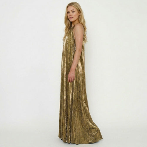 Bernadette halter metallic pleated maxi dress - side view