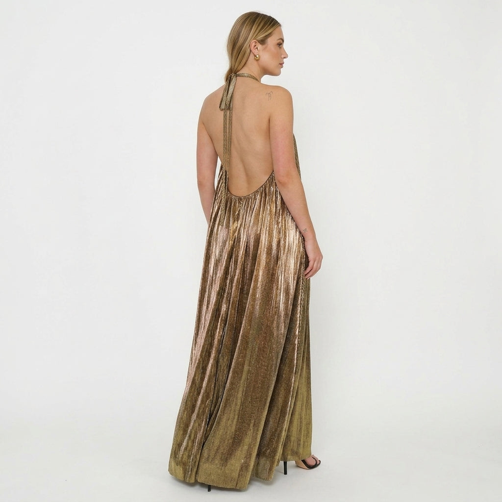 Bernadette halter metallic pleated maxi dress - back view