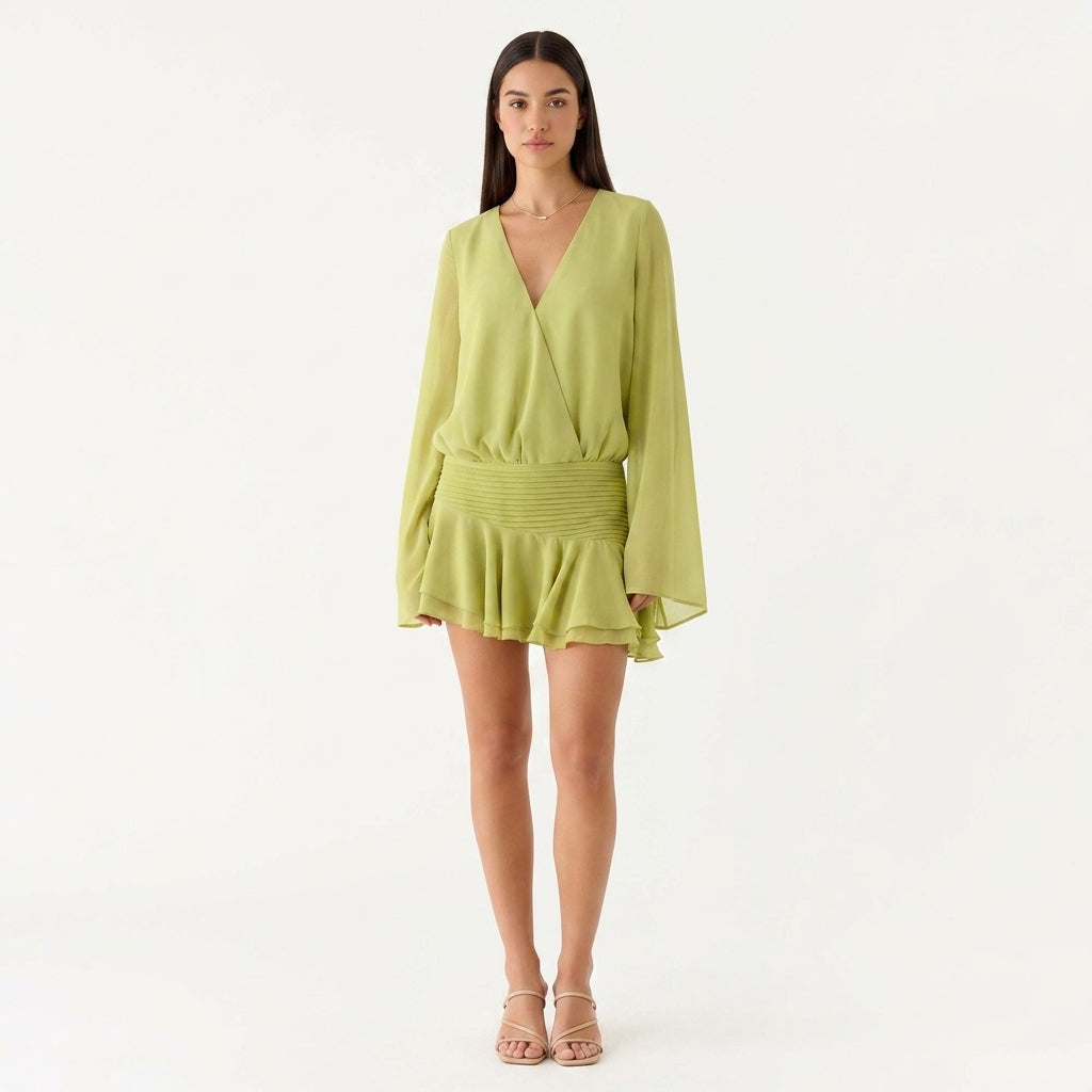 Beulah chiffon V neck wedding guest mini dress - front view
