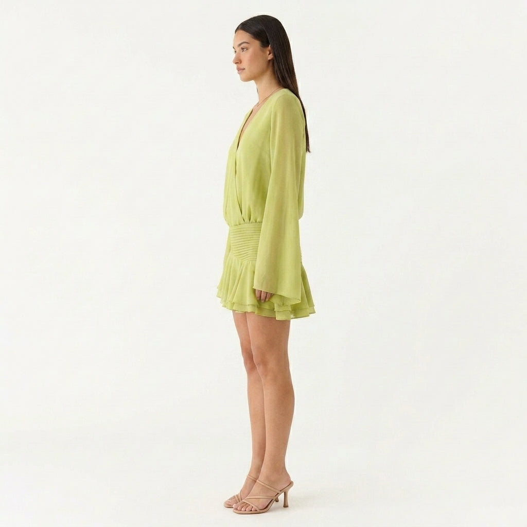 Beulah chiffon V neck wedding guest mini dress - side view