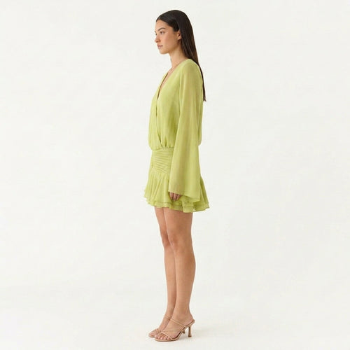Beulah chiffon V neck wedding guest mini dress - side view