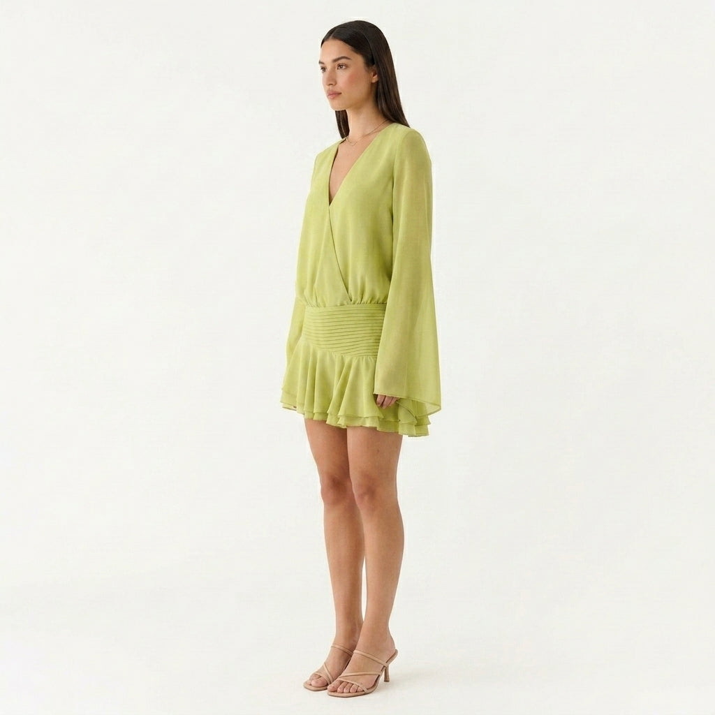 Beulah chiffon V neck wedding guest mini dress - back view