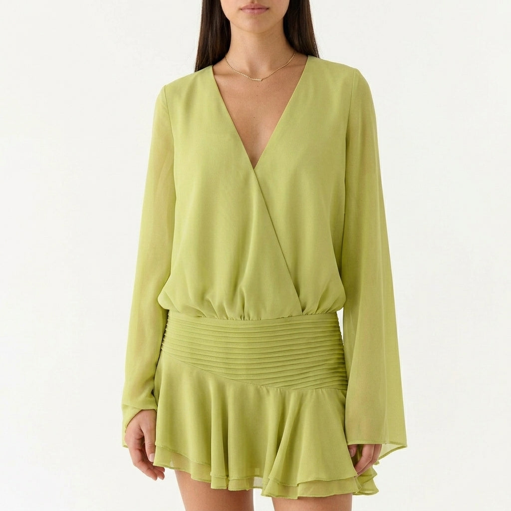 Beulah chiffon V neck wedding guest mini dress - fabric detail