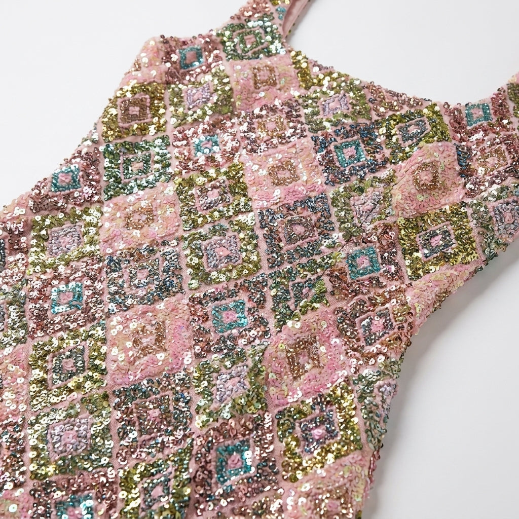 Close-up of a pink sequin fabric with a pattern on a white background