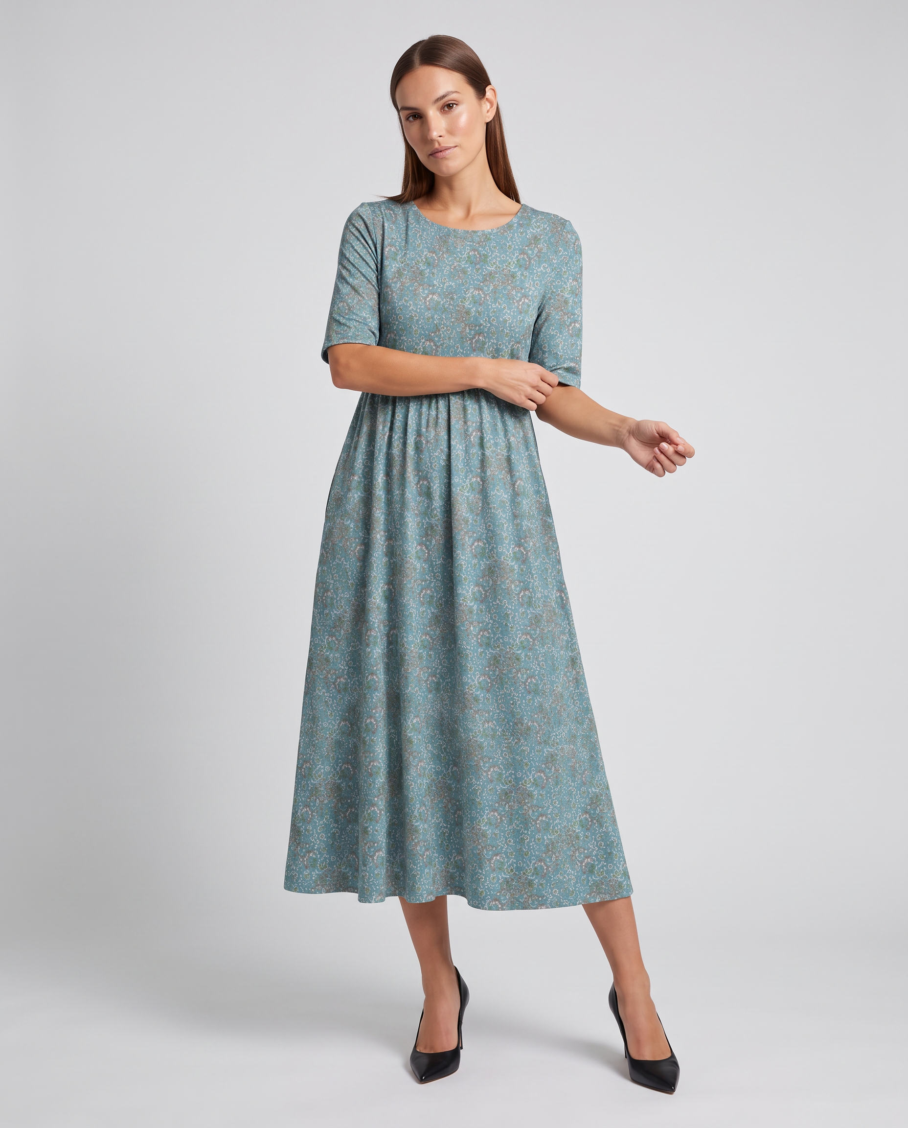 Bianka blue floral round neck midi dress - front view