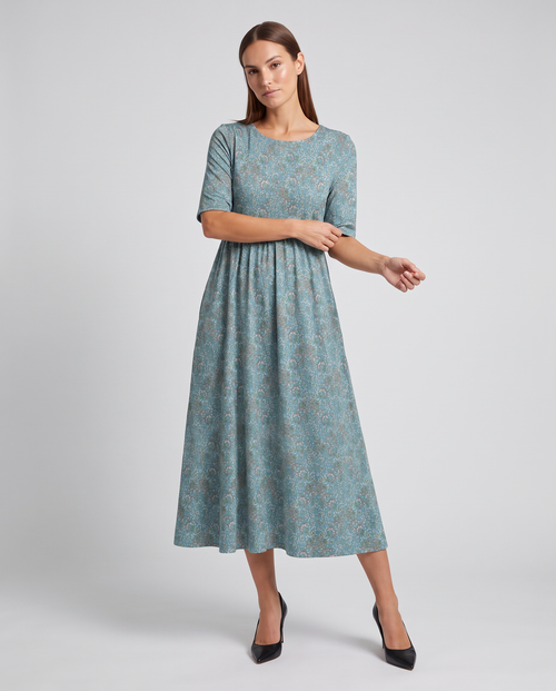 Bianka blue floral round neck midi dress - front view