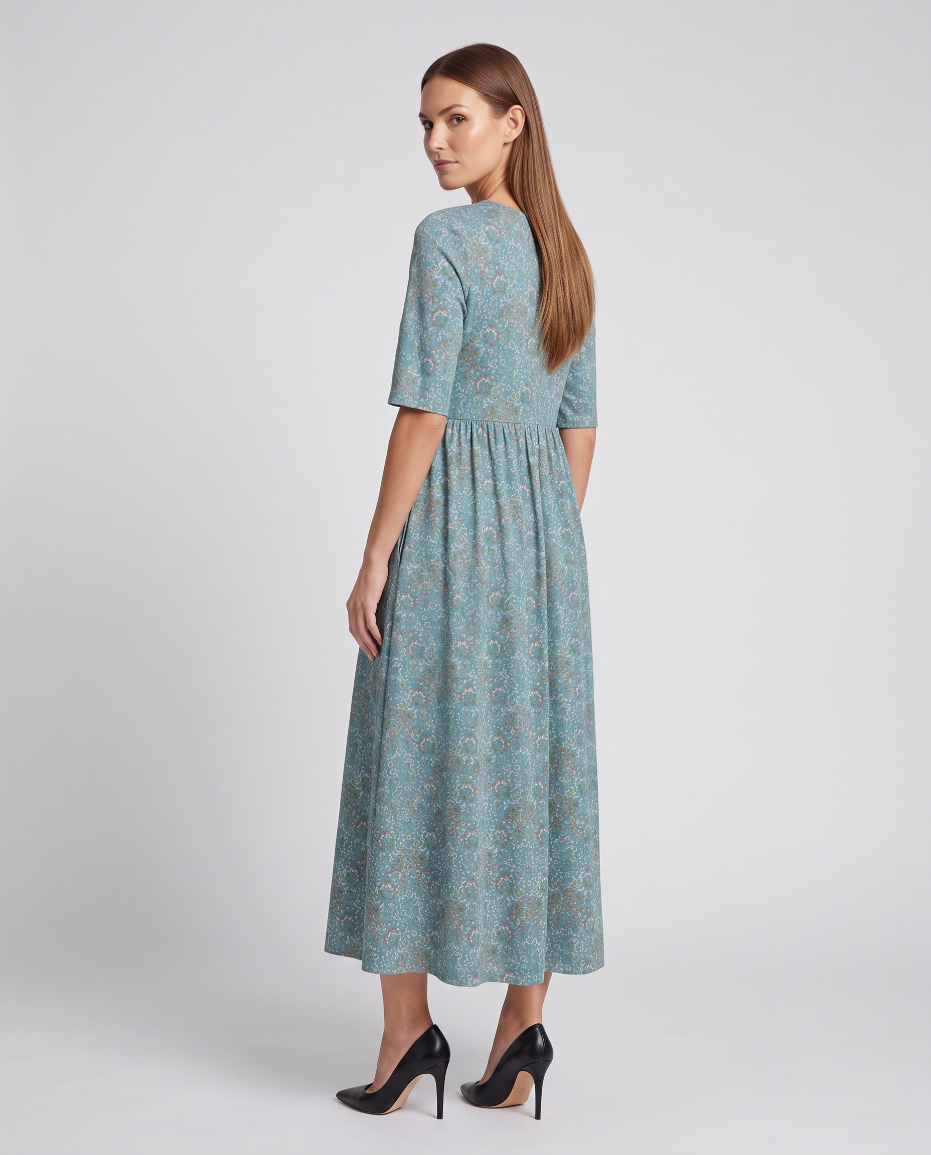 Bianka blue floral round neck midi dress - side view