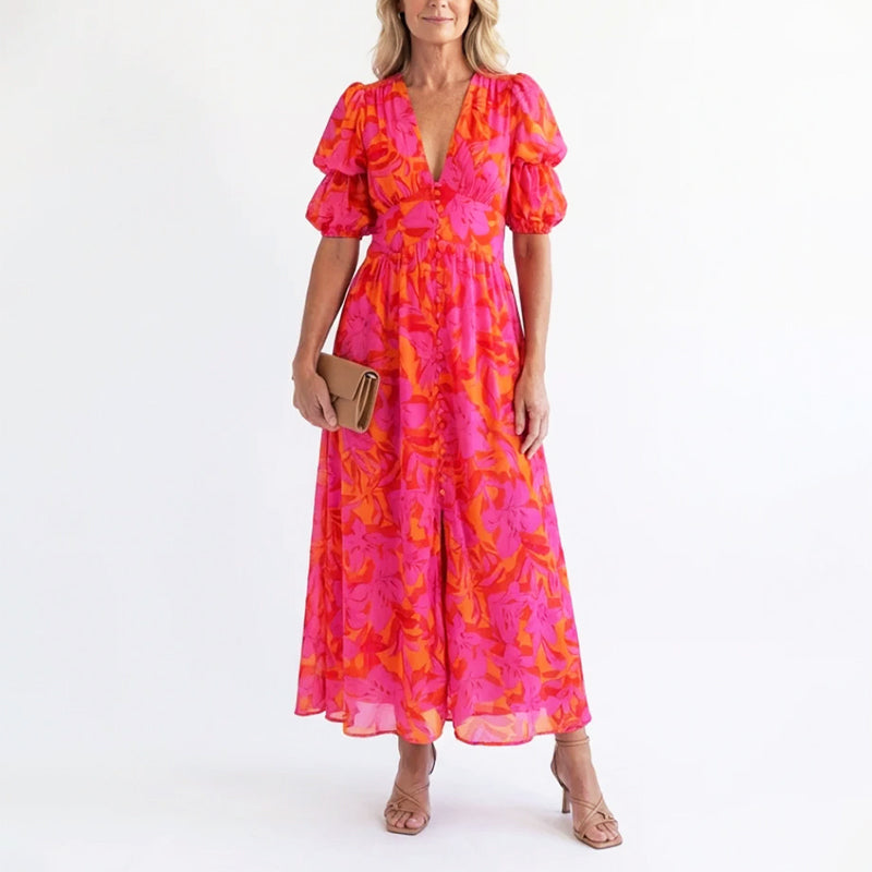 Blanka puff sleeve floral midi dress - front view