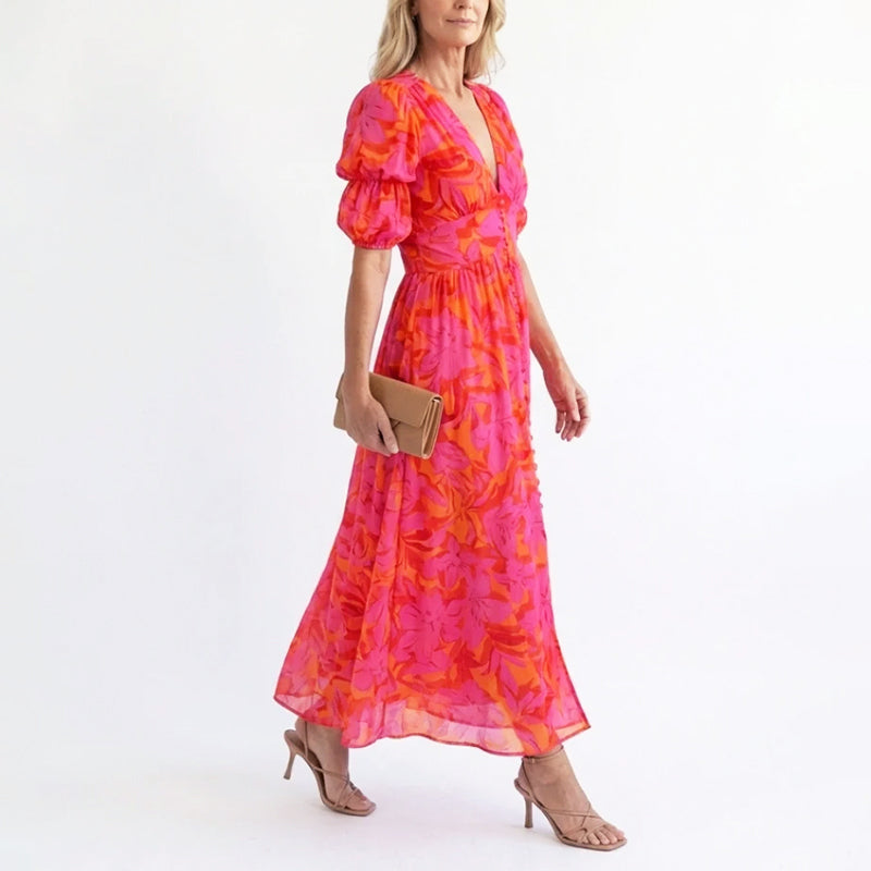 Blanka puff sleeve floral midi dress - side view