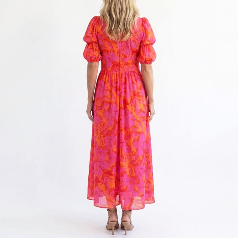 Blanka puff sleeve floral midi dress - back view
