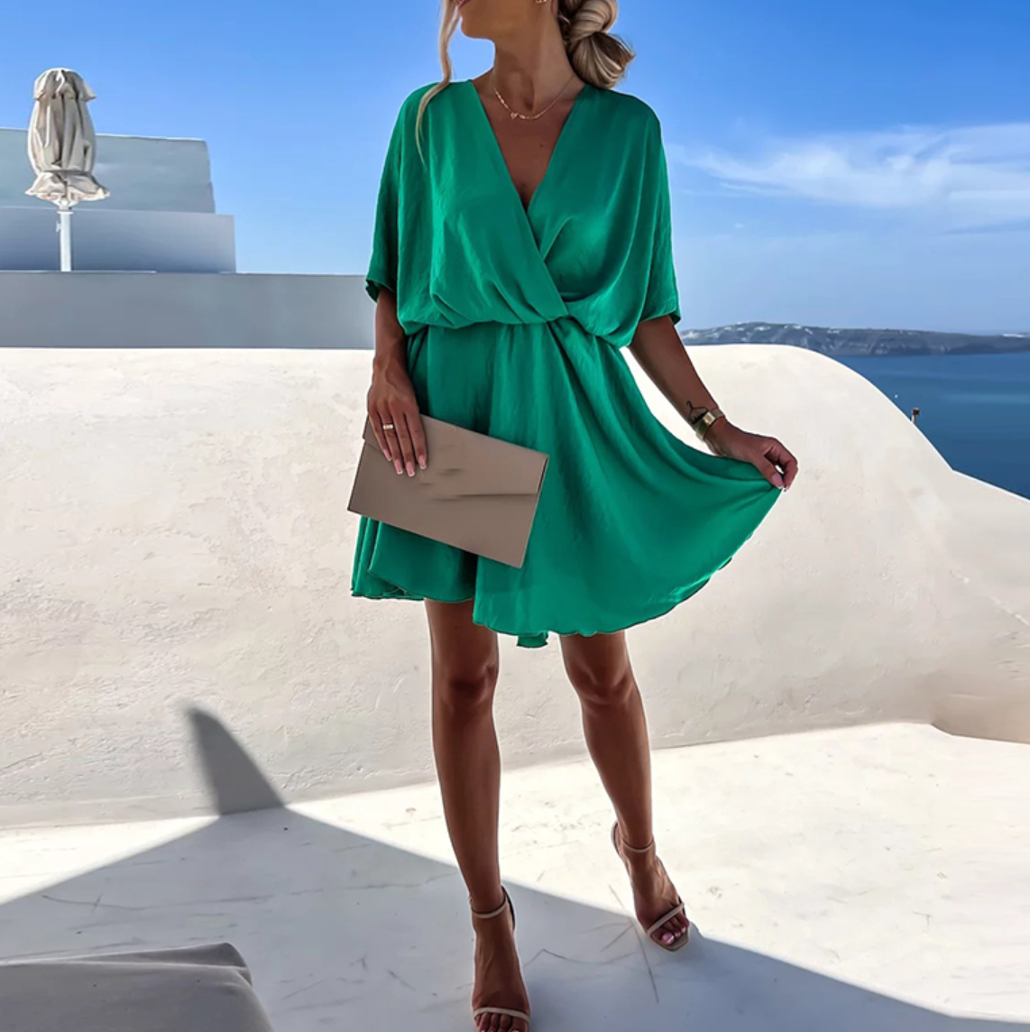 Cecile V neck twist front mini dress - styled outfit