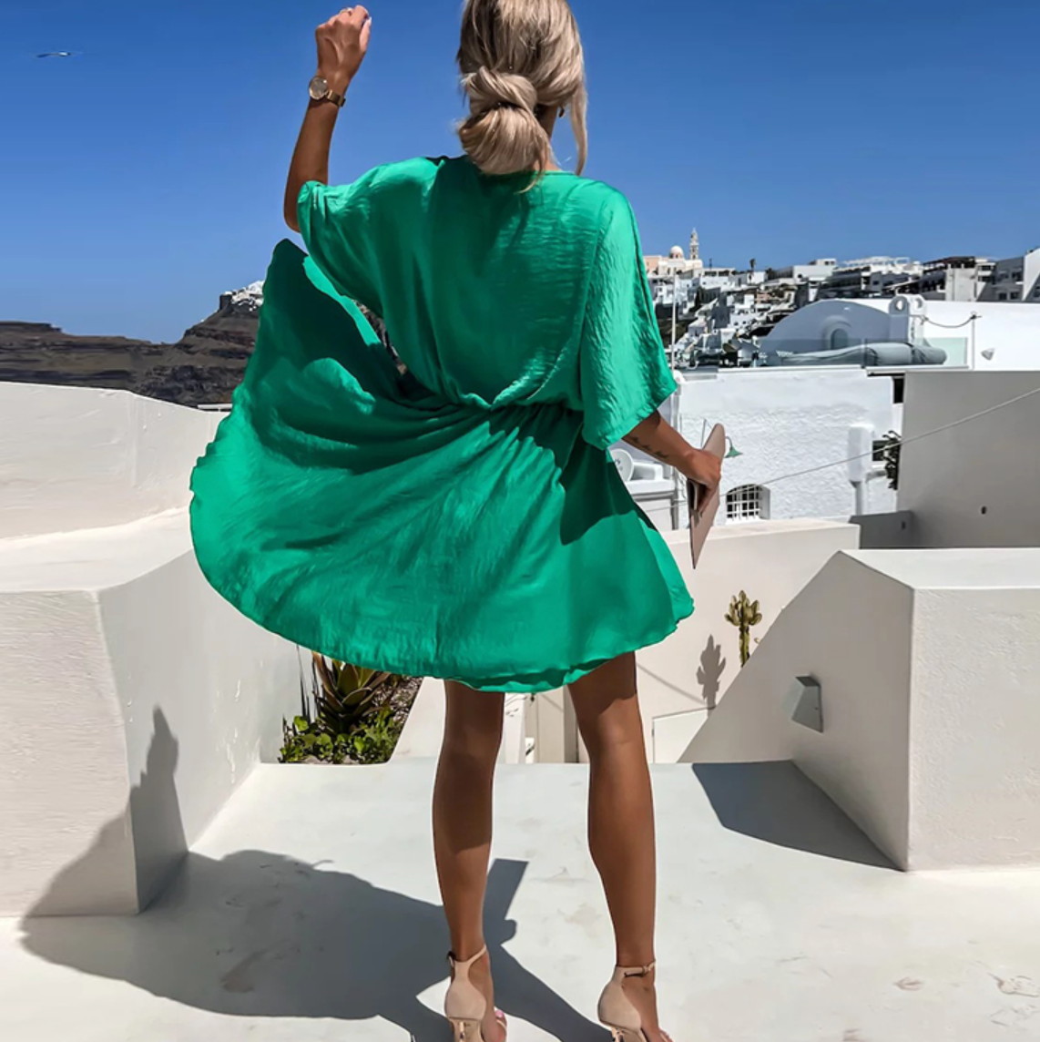 Cecile V neck twist front mini dress - full look
