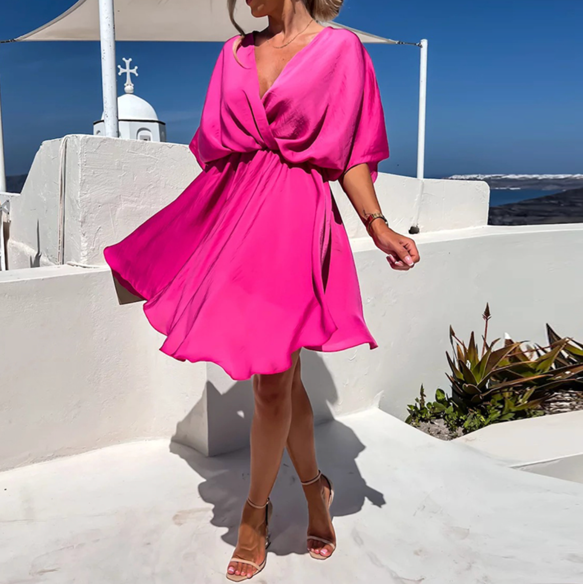 Cecile V neck twist front mini dress - close up
