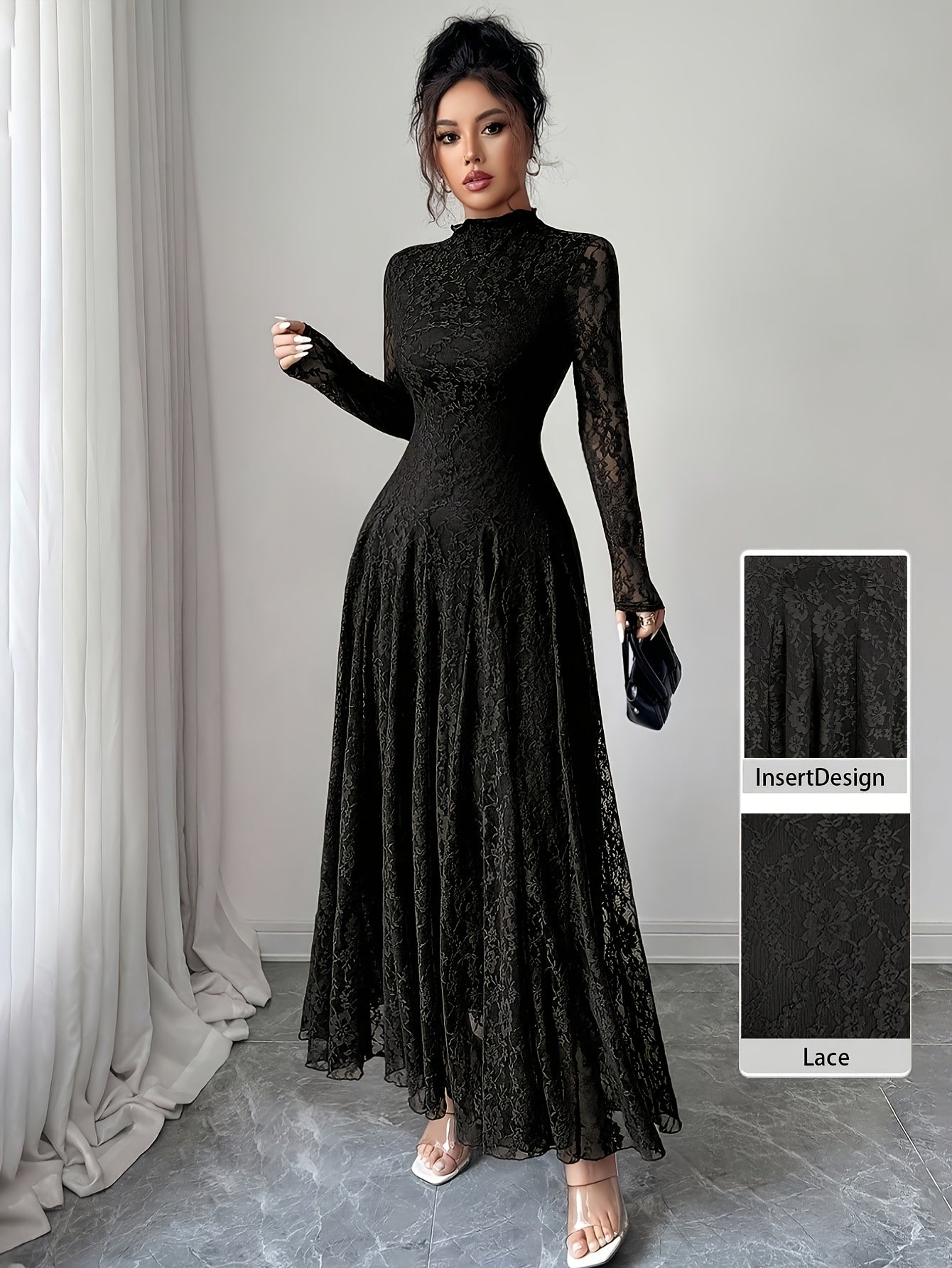 Woman wearing a black lace dress with a close-up inset of the fabric texture.