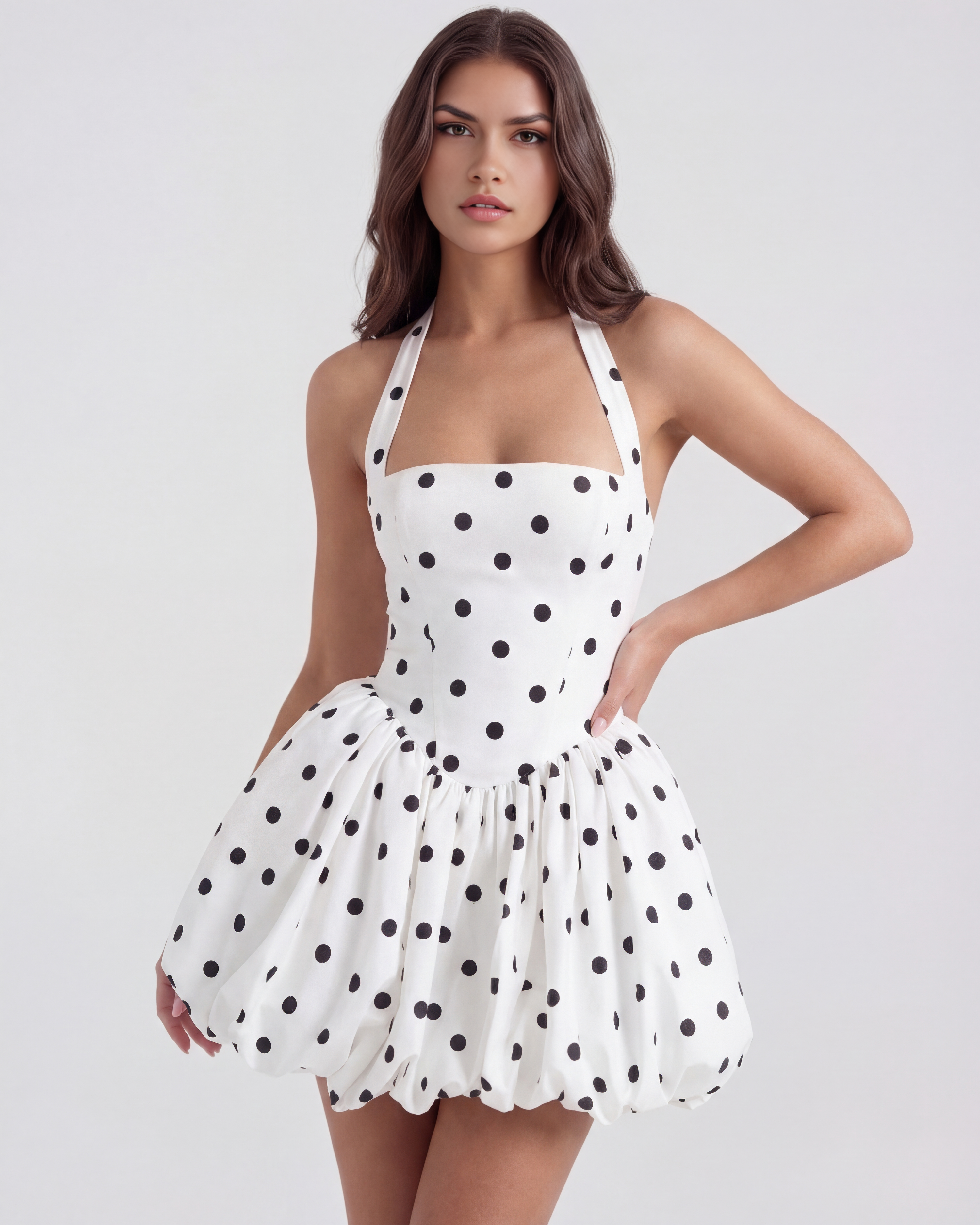 Delphine polka dot wedding guest mini dress - front view