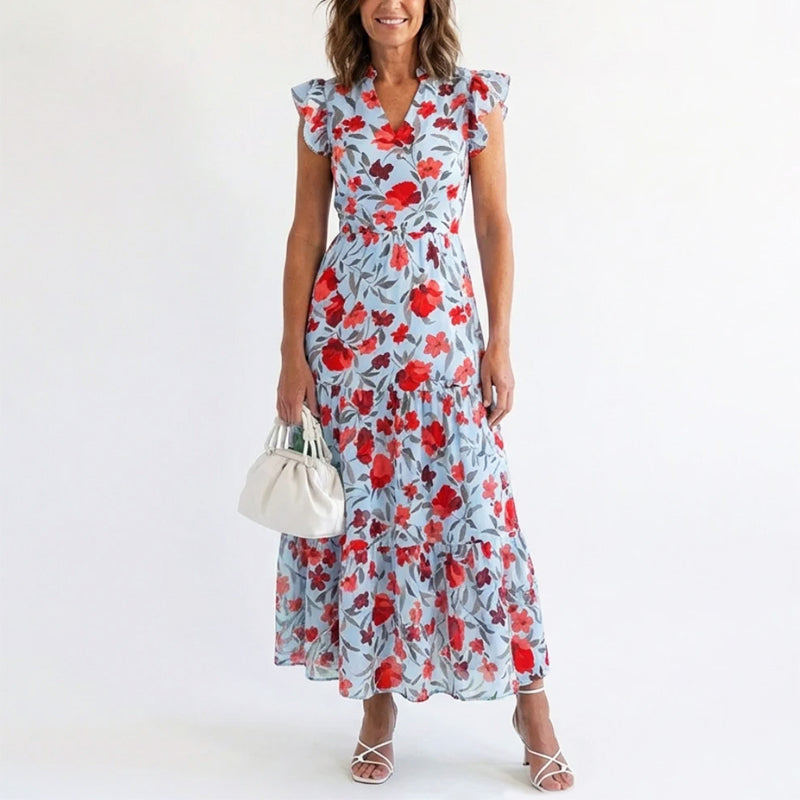 Dorina floral ruffle sleeve V neck maxi dress - side view
