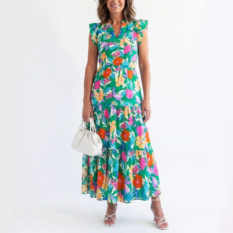 Dorina floral ruffle sleeve V neck maxi dress - back view