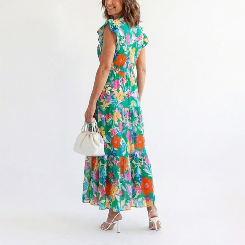 Dorina floral ruffle sleeve V neck maxi dress - styled outfit