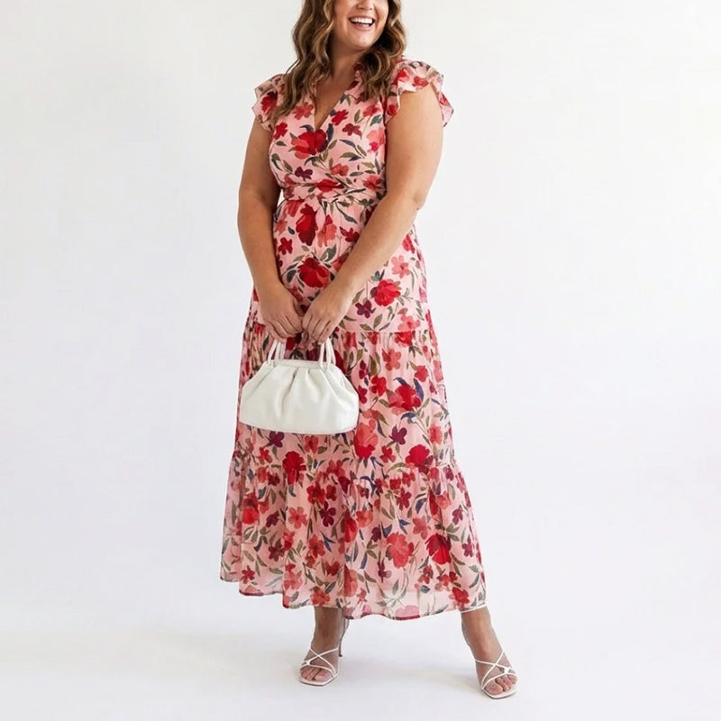 Dorina floral ruffle sleeve V neck maxi dress - close up