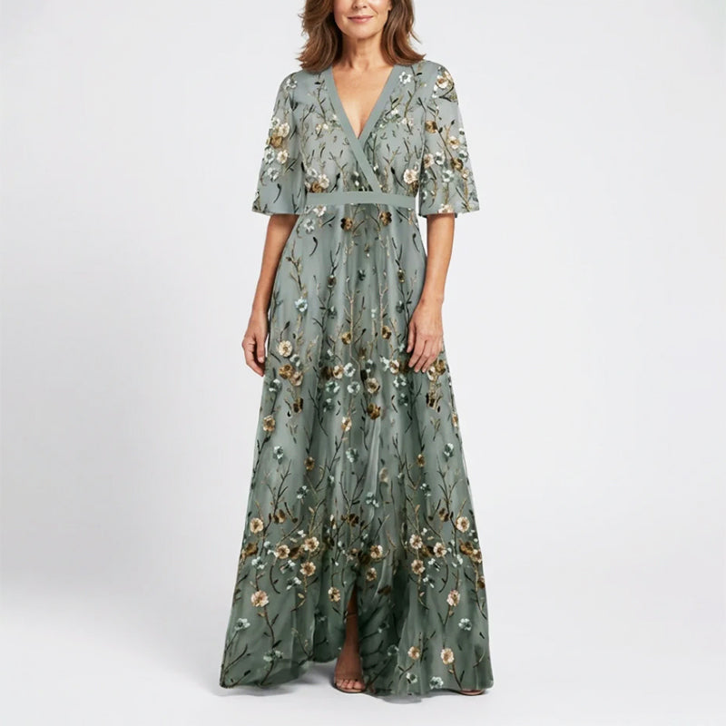 Emmy embroidered V neck maxi dress - front view