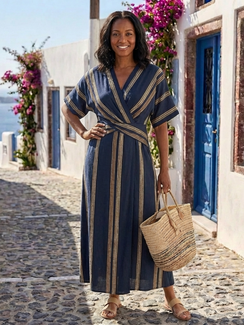 erika V neck striped wrap maxi dress - back view