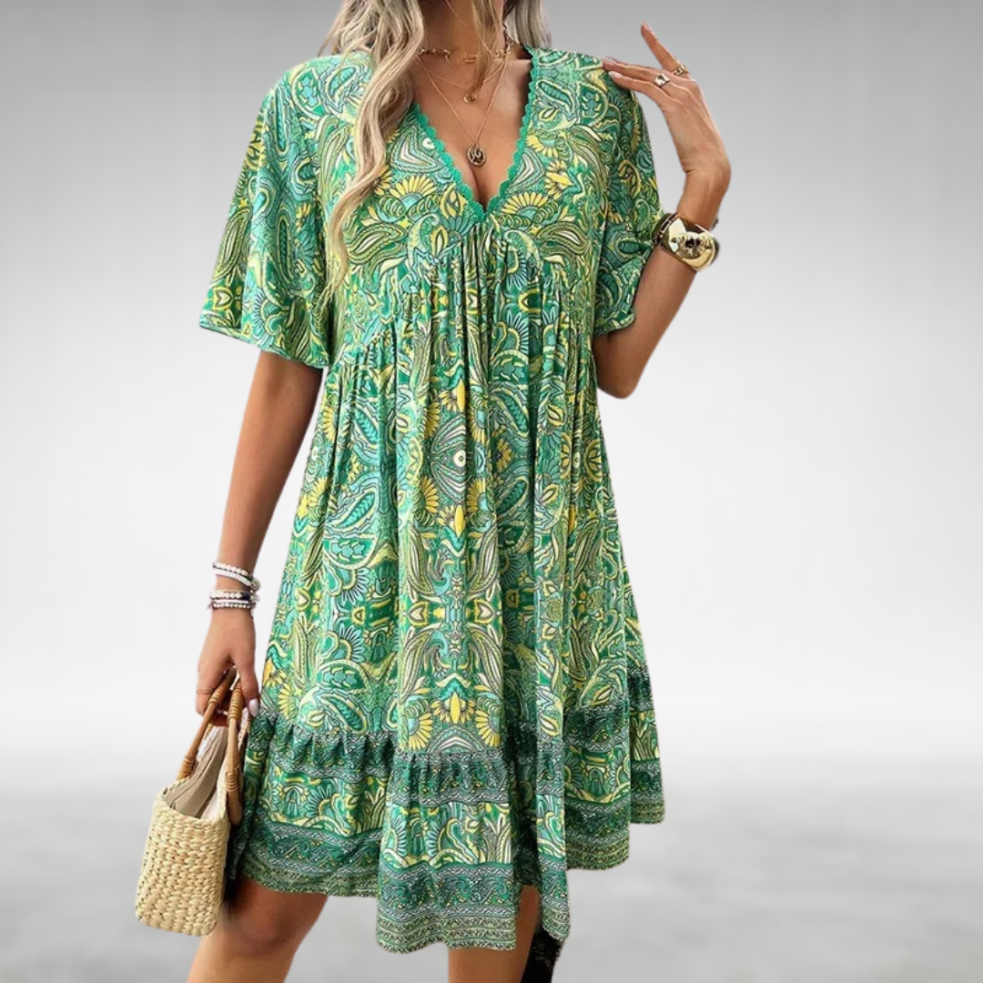 Faith boho printed V neck mini dress - front view