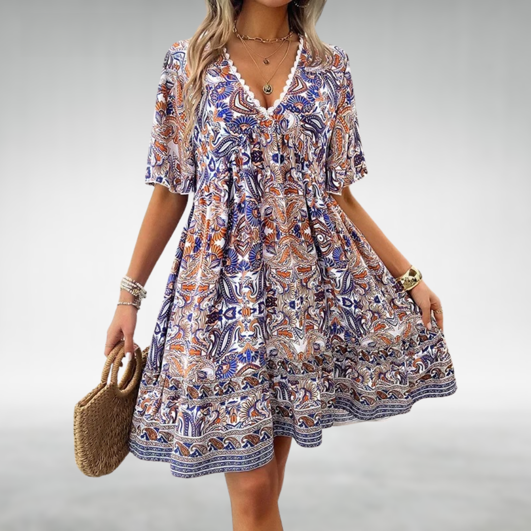 Faith boho printed V neck mini dress - side view