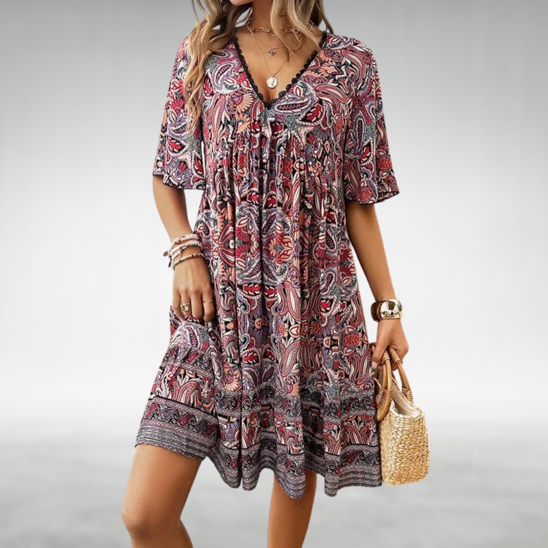 Faith boho printed V neck mini dress - back view
