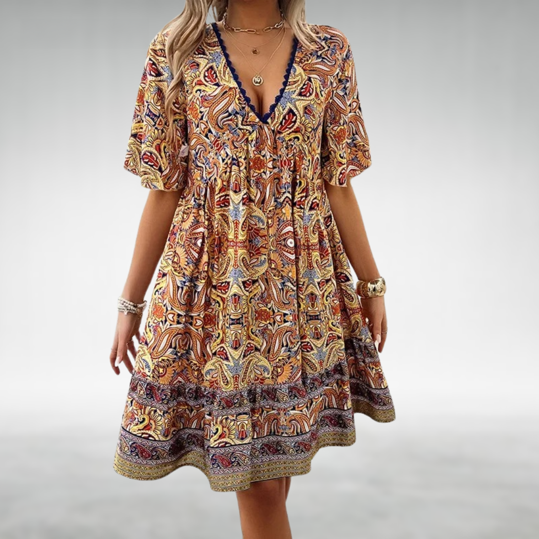 Faith boho printed V neck mini dress - styled outfit